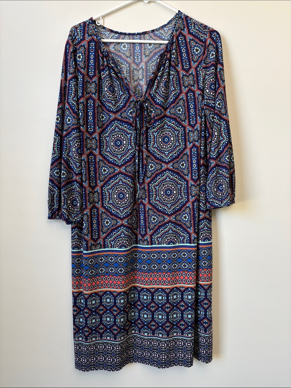 Boho Printed Tie-Neck Dress in Navy
